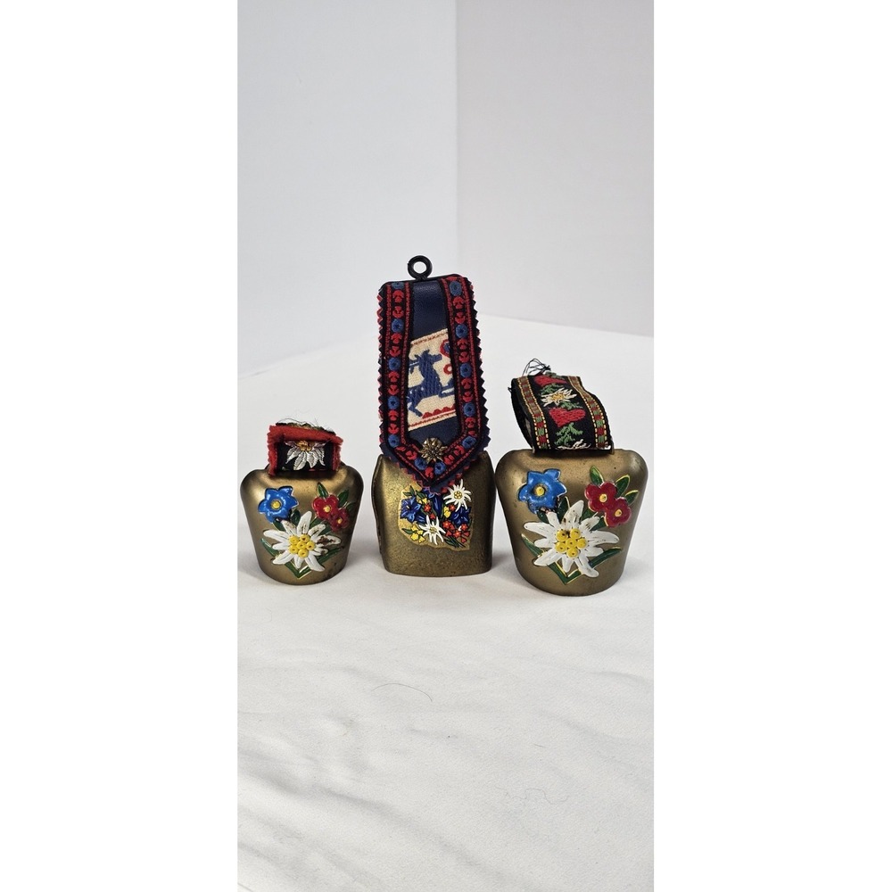 Vintage‎ Norwegian Brass Cow Bells Honningsvåg Floral Leather Strap Set of 3
